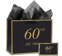 momoake 60th Birthday Gift Bag with Card and Tissue Paper for Men Women, 1965 60 Year Old 13" Elegant Black Gold Anniversary Keepsake Party Present Shopping Paper Bags for Gifts Wrapping