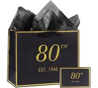 momoake 80th Birthday Gift Bag with Card and Tissue Paper for Men Women, 1946 80 Year Old 13" Elegant Black Gold Anniversary Keepsake Party Present Shopping Paper Bags for Gifts Wrapping (1946 80th)