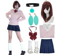 Momoayase Cosplay Anime Dandada Cosplay Costume Pink College Style Short Skirt Suit with Wig Choker Earrings (Pink+wig, S)