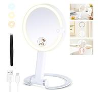 MOMOKUBA Magnifying Mirror with Light, Double-Sided 1x/20x Makeup Mirror with Lights, Rechargeable with 3 Colour Light Modes and Adjustable Brightness, 360° Rotating Detachable Stand, White/Table