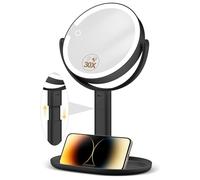 MOMOKUBA Magnifying Mirror with Light, Double-Sided 1x/30x Makeup Mirror with Lights, Rechargeable with 3 Colour Light Modes and Adjustable Brightness, 360° Rotating Detachable Stand, Black/30X