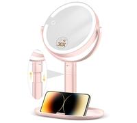 MOMOKUBA Makeup Mirror with Light, 30X Magnifying & Height Adjustable, Magnifying Mirror with Light 3 Lighting Modes and Stepless Dimming, Vanity Mirrors for Bathroom, Birthday Gift for Women, Pink