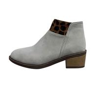 Momolaa A1_Grey Western Boots for Women Short Ankle Boots Leopard Print Side Zip Western Casual Style Round Toe Faux Leather Stacked 5.5cm Chunky Mid Heel Ankle Booties Footwear Gift UK 4.5
