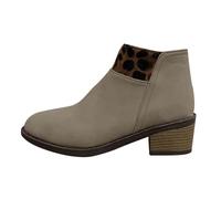 Momolaa A1_Khaki Western Boots for Women Short Ankle Boots Leopard Print Side Zip Western Casual Style Round Toe Faux Leather Stacked 5.5cm Chunky Mid Heel Ankle Booties Footwear Gift UK 5