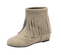 Momolaa Beige Women's Suede Western Tassel Cowboys Ankle Boots Hidden Wedge Round Toe Ankle Fringe Boots Classic Vintage Round Toe Slip on Short Boot Dress Booties Footwear Trendy UK 7.5 Clearance