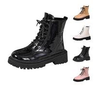 Momolaa Black Ankle Boots for Women Patent Leather Platform Lug Sole Combat Booties Lace up Low Block Chunky Heel Side Zipper Fall Winter Black Military Boot Shoes Stylish Footwear Gift Size 6