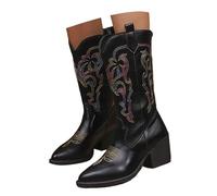 Momolaa Black Cowboy Boots for Women Mid Calf Pointed Toe Cowgirl Boots with Embroidery Stitched Pull on Western Chunky Mid Heel Shoes Black Brown Cow Boy Boot Footwear Gift UK 7.5