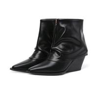 Momolaa Black Fold over Wedge Heels Faux Leather Ankle Boots for Women with Pointed Toe and Size Zipper Fashion Stylish Ankle Booties Lasdies Footwear Gift UK 5.5