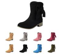 Momolaa Black Womens Bow Knot Ankle Boots Low Chunky Heel Faux Suede Pull on Cute Fashion Short Fall Dress Booties Footwear UK 7.5
