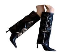 Momolaa Black Womens Fold over Knee High Boots Stiletto High Heel Slouchy Tall Boots Pointed Toe Sexy Puck Stylish Long Boot Fashion Dress Shoes with Side Zipper &multi Buckle Footwear Gift UK 6.5