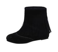 Momolaa Black Women's Suede Western Tassel Cowboys Ankle Boots Hidden Wedge Round Toe Ankle Fringe Boots Classic Vintage Round Toe Slip on Short Boot Dress Booties Footwear Trendy UK 4.5 Clearance
