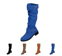 Momolaa Blue Slouchy Pull on Knee High Boots for Women Low Heel,Faux Suede Knee Length Slouch Boots with 2 Buckle Footwear Gift UK 7.5