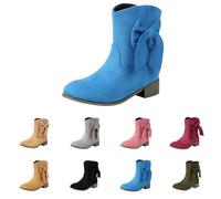 Momolaa Blue Womens Bow Knot Ankle Boots Low Chunky Heel Faux Suede Pull on Cute Fashion Short Fall Dress Booties Footwear UK 3