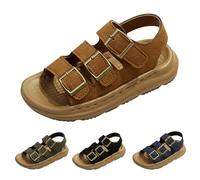 Momolaa Boys Buckle Sandals with Ankle Strap size 6 PU Leather Comfort Open Toe Sandals for Toddler Little Child Big Kids Beach Shoes 3 Buckles Brown Footwear