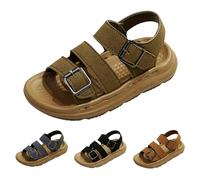 Momolaa Boys Buckle Sandals with Ankle Strap size 7 PU Leather Comfort Open Toe Sandals for Toddler Little Child Big Kids Beach Shoes 2 Buckles Khaki Footwear