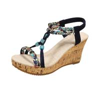 Momolaa Braided Wedge Gladiator Sandals for Women UK 5 Open Toe Cork/Espadrille Platform T-Strap Wedges Shoes Bohemia Sandals with Elastic Ankle Strap Comfortable Dressy Pump Shoes A1_Blue Sandles