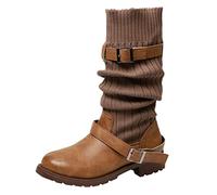 Momolaa Brown Women's Buckle Slouchy Mid Calf Boots Sock Knit Calf Chunky Low Flat Heel Knee High Boots Riding Motorcycle Boot Round Toe Comfort Booties Footwear Trendy UK 4.5 Clearance