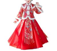 Momolaa Cheongsam Hanfu Dresses Long Sleeve Tang Suit Girls Fairy Hanfu Dresses for Chinese New Year 2024 12-13 Years,G-Red