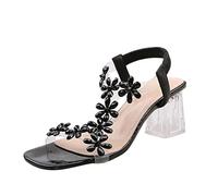 Momolaa Clear Chunky Block Low Heels for Women Square Open Toe Transparent Flower Strap Elastic Ankle Strap Pump Heel Sandal 4.5 Black