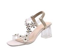 Momolaa Clear Chunky Block Low Heels for Women Square Open Toe Transparent Flower Strap Elastic Ankle Strap Pump Heel Sandal 5.5 Beige