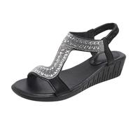 Momolaa Clearance Size 4 Sandals for Women Ladies Sandal Summer Low Wedge Sandals Comfortable T-Strap Beaded Flower Sparkly Rhinestone Elastic Sandal Dress Shoes for Outdoor Beach Wedding Z0_Black