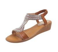 Momolaa Clearance Size 5.5 Sandals for Women Ladies Sandal Summer Low Wedge Sandals Comfortable T-Strap Beaded Flower Sparkly Rhinestone Elastic Sandal Dress Shoes for Outdoor Beach Wedding Z0_Brown