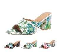Momolaa Clearance UK 5 Flower Mules Sandals for Women Mid High Block Chunky Heel Slide Heels Casual Party Evening Mules Sandals Slip on Shoes Green Footwear Sandles Sandalias