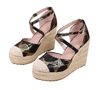 Momolaa Clearance UK 6 10cm High Heel Wedges Pumps Platform Espadrilles Womens Ankle Strap Closed Cap Toe Platform Heeled Sandals for Ladies Black Footwear Sandles Sandalias