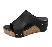 Momolaa CLEARANCE UK 6.5 Cork Wedge Platform Sandals for Women Open toe High Wedge heel Slide Sandals 03_Black