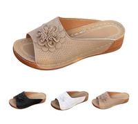Momolaa Clearance UK 6 Orthopedic Low Wedge Slide Sandals for Women Mules Ladies Comfy Light Weight Flower Decor Wide Fit Wedge Slippers for Summer Dressy Brown Footwear Sandles Sandalias