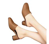 Momolaa Closed Toe Mules for Women Chunky Sandals Low Heeled Sandals PU Leather Slip on Flat Shoes Brown 6