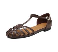 Momolaa Coffee Women's Closed Toe Flat Sandals Caged T Strap Comfortable Adjustable Buckle Hollow out Roman Fisherman Gladiator Sandal Vintage Casual Beach Sandals Ladies Footwear Size 5.5