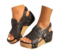 Momolaa Cork Wedge Sandals for WOMEN Clearance Size 6.5 Platform Cushioned Slingback Wedges Summer Shoes Lightweight for All Day Wear YL250522 Black Footwear