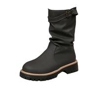 Momolaa Dark Gray Women's Ankle Boots Slouchy Flat Ladies Booties Low Chunky Heeled Mid Calf Riding Combat Boot Slip on Comfortable Casual Round Toe Short Boots Pull on Footwear Trendy UK 6 Clearance