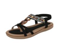 Momolaa Flat Sandals for Women UK 7.5 Retro Bohemian Beach Roman Beaded & Slingback Sandals with Elastic Ankle Strap for Summer Casual Beach Street Work Daily Black Footwear