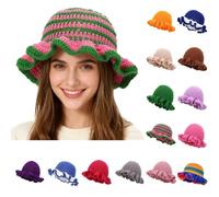 Momolaa Green Women's Boho Crochet Ruffle Brim Bucket Hat Foldable Hat Cute Knit Floppy Cap Beanies for Ladies Girl UK