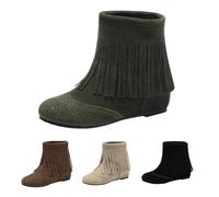 Momolaa Green Women's Suede Western Tassel Cowboys Ankle Boots Hidden Wedge Round Toe Ankle Fringe Boots Classic Vintage Round Toe Slip on Short Boot Dress Booties Footwear Trendy UK 10 Clearance