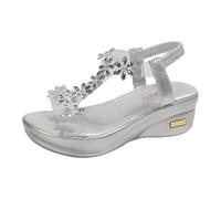 Momolaa Jewel Rhinestones Wedge Sandals For Women Sparkly Beaded Elastic Ankle Strap Dressy Wedding Shoes Soft Cushion Open Toe Low Platform Wedges Sandals Bling Heels Dress Shoes Gift Footwear