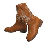 Momolaa Khaki Cowboy Boots for Women Mid Calf Round Toe Cowgirl Boots with Sunflower Embroidery Stitched Pull on Western Chunky Low Heel Shoes Black Brown Cow Boy Boot Footwear Gift UK 6.5