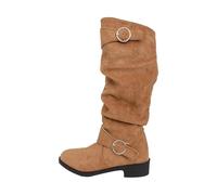 Momolaa Khaki Knee High Boots Women Slouchy Faux Suede Buckle Tall Block Low Heel Boots Round Toe Under Knee High Pull on Fall Weather Winter Long Boot Footwear Gift UK 6.5