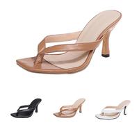 Momolaa Kitten Heels Flip Flops Women's T Strap Mules Thong Slip on Heeled Sandals Slide Kitten Heel Square Toe Thong Heeled Sandals UK 5.5#1#_Khaki