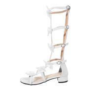 Momolaa Knee High Gladiator Sandals for Women size 6.5 Sale Clearance Cute Bow Chunky Block Low Heel Open Toe Adjustable Strappy Sandals Boots with Zipper White footwear