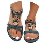 Momolaa Ladies Sandals Flat Heels Size 6.5 Open Toe Elastic Strap Sandals Beaded Casual Flat Slingback Summer Comfy Shoes Boho Sandal for Women Green Trendy Footwear