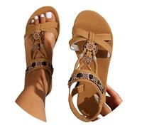 Momolaa Ladies Sandals Flat Heels Size 6 Open Toe Elastic Strap Sandals Beaded Casual Flat Slingback Summer Comfy Shoes Boho Sandal for Women Brown Trendy Footwear