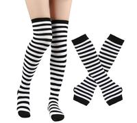 Momolaa Leg Warmers and Fingerless Arm Warmers 2 pairs set Women Striped Thigh High Socks Fingerless Gloves Striped Stockings Striped-Blue