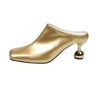Momolaa Mule Heels for Women Size UK 6.5 Square Toe Kitten Heel Metallic Mules Closed Toe Mid Heel Slides Sandals Stylish Summer Dress Shoes Trendy Ladies Footwear Gold