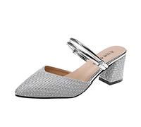 Momolaa Mules with Closed Pointed Toe Low Block Chunky Heeled Sandal Backless Slip on Mules Comfortable Casual Open Back Dress Pumps Shoes SIZE 5.5 A0_Silver Clearance