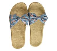 Momolaa New UK 3.5 Bow-Tie Flax Tatami Slippers Women Summer Open Toe No Slip Indoor Slippers Straw Flat Sandals Home Wooden Floor Grass Rattan Slipper for Travel Hotel Gift Footwear Blue