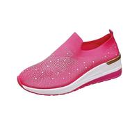 Momolaa New UK 4 Rhinestone Sneakers Wedges Trainers for Women Fashion Glitter Sparkly Mesh Breathable Slip On Walking Shoes Gold Trim Platform Trainers Gym Running Shoe Gift Footwear Hot Pink