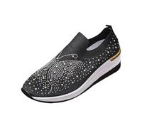 Momolaa New UK 5.5 Rhinestone Sneakers Wedges Trainers for Women Fashion Glitter Sparkly Mesh Breathable Slip On Walking Shoes Gold Trim Platform Trainers Gym Running Shoe Gift Footwear Black